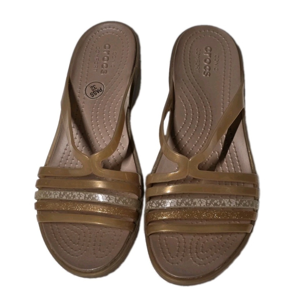 Crocs Isabella Sandals Womens 7 US Strappy Jelly Mini Wedge Bronze Gold Glitter - Picture 1 of 7